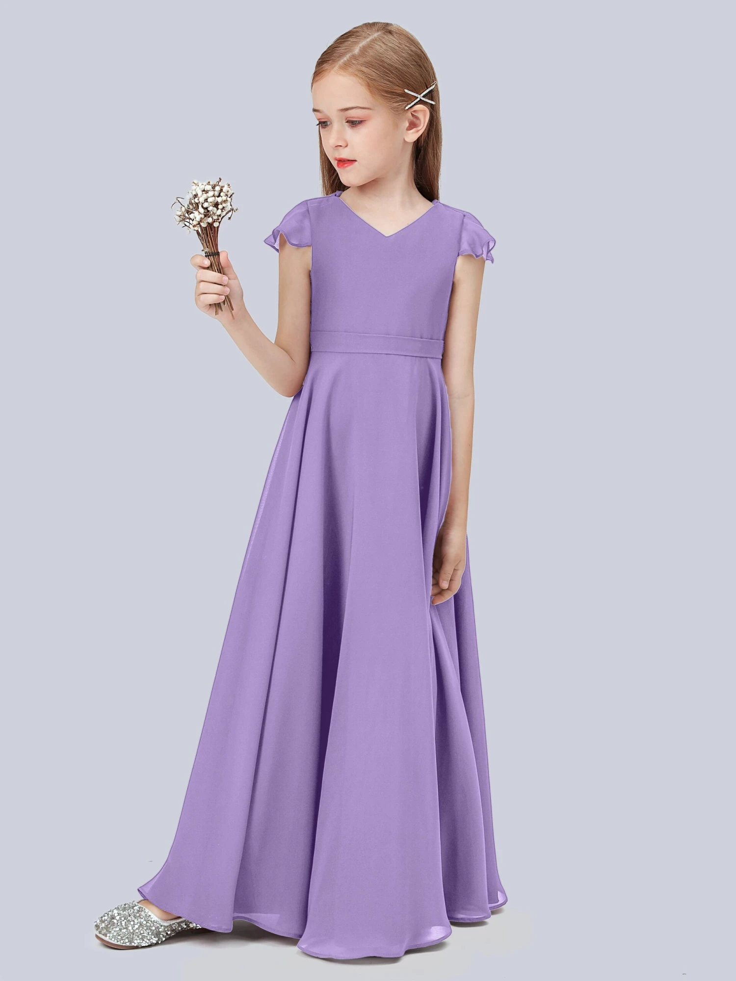 Flounce Cap Sleeves Chiffon Junior Bridesmaid Dress - Image 4
