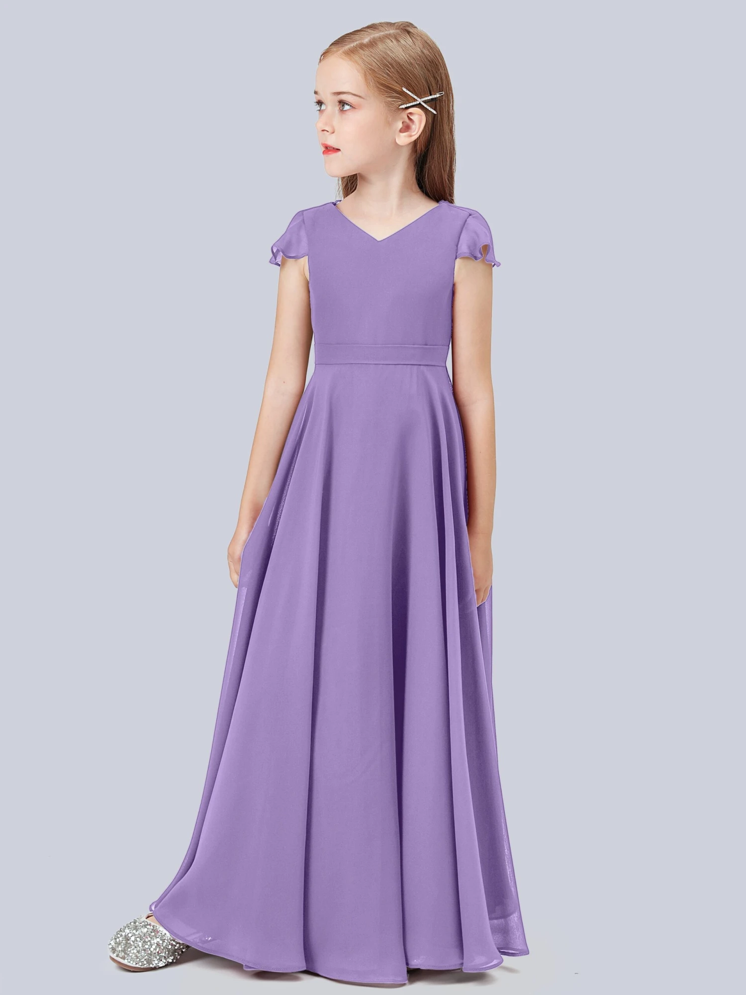 Flounce Cap Sleeves Chiffon Junior Bridesmaid Dress - Image 2