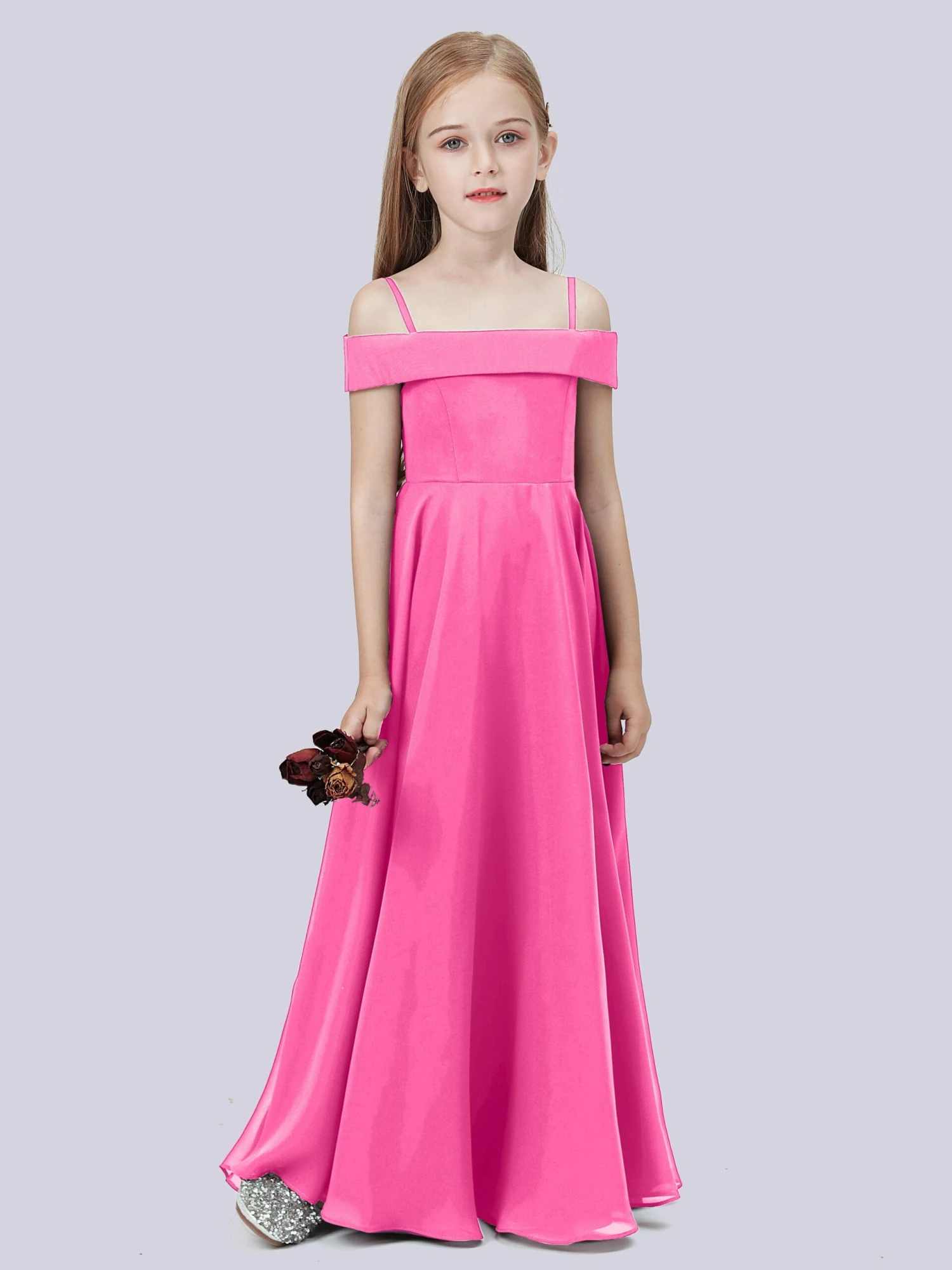 Off Shoulder Stretch Chiffon Junior Bridesmaid Dress - Image 5