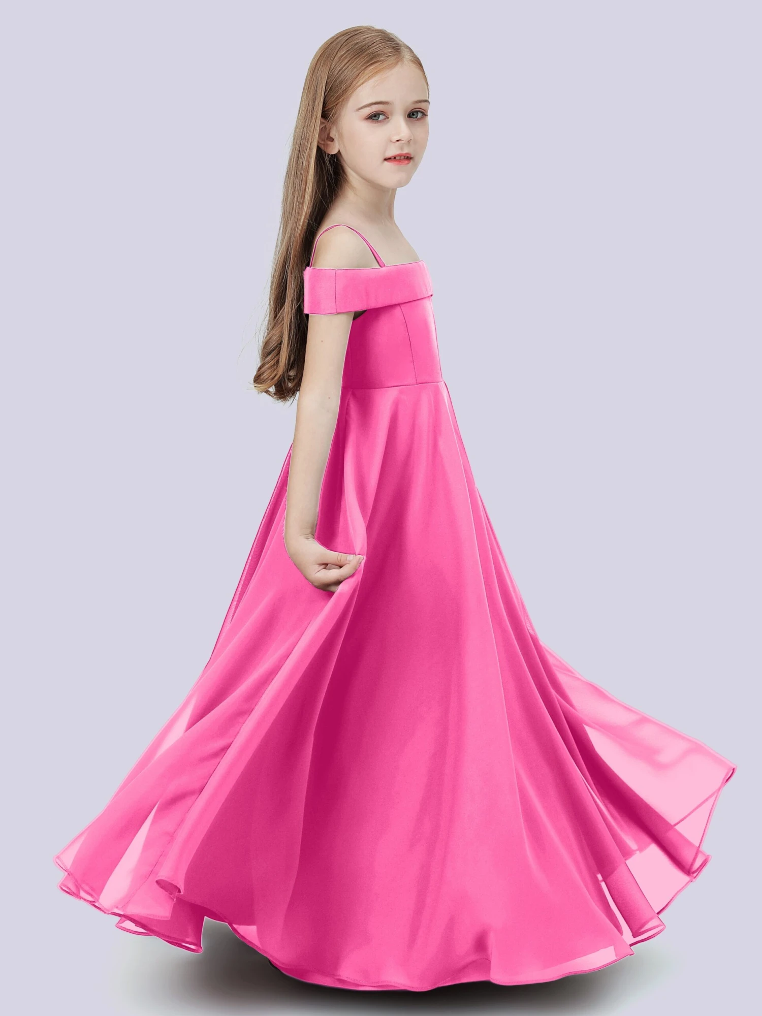 Off Shoulder Stretch Chiffon Junior Bridesmaid Dress - Image 8