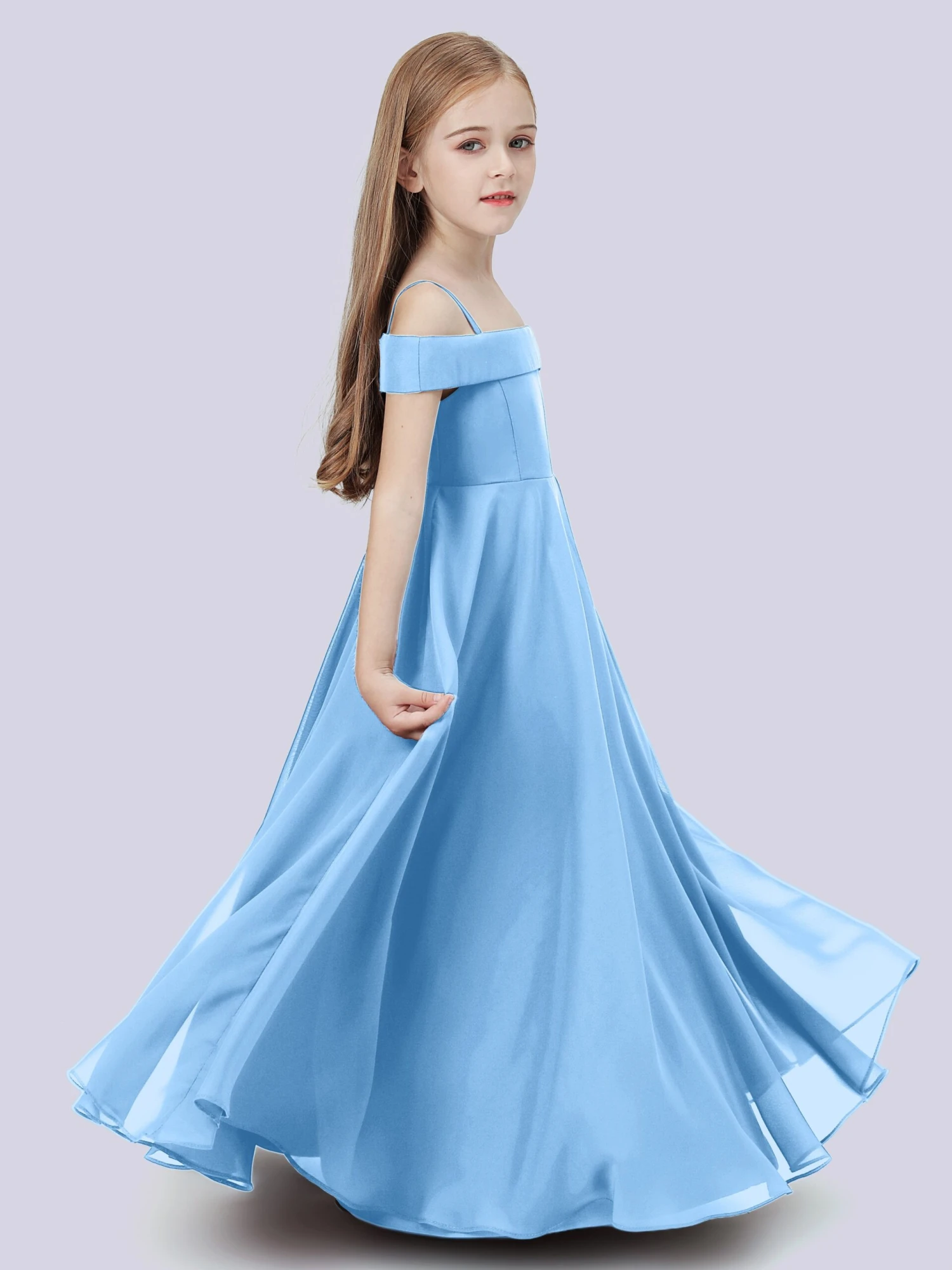 Off Shoulder Stretch Chiffon Junior Bridesmaid Dress - Image 13