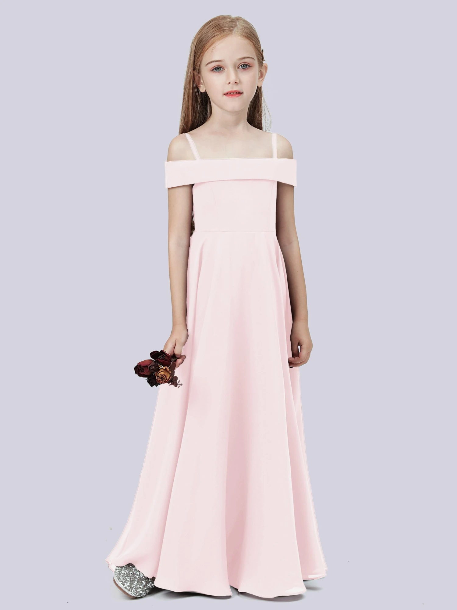 Off Shoulder Stretch Chiffon Junior Bridesmaid Dress - Image 14