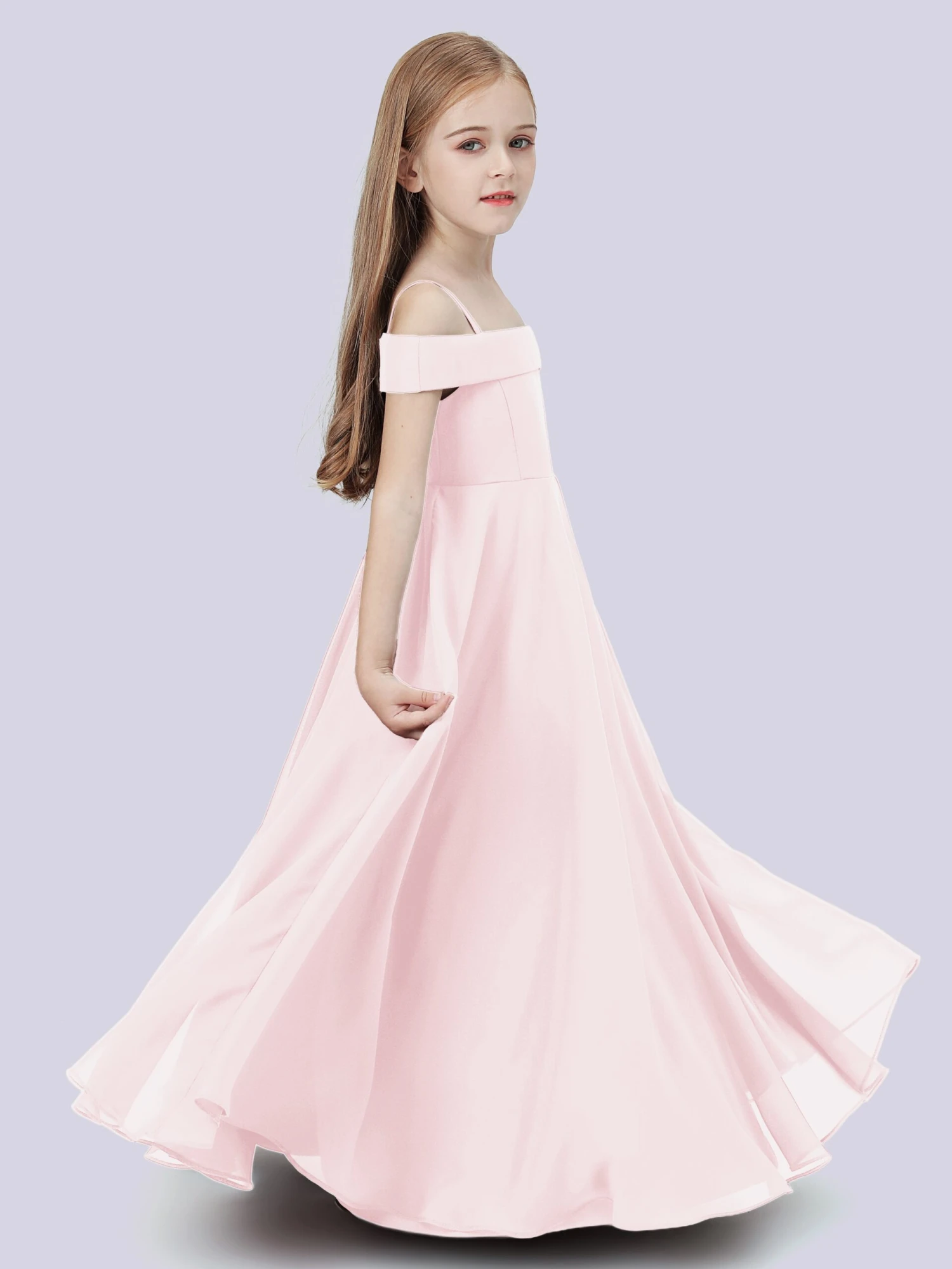 Off Shoulder Stretch Chiffon Junior Bridesmaid Dress - Image 17