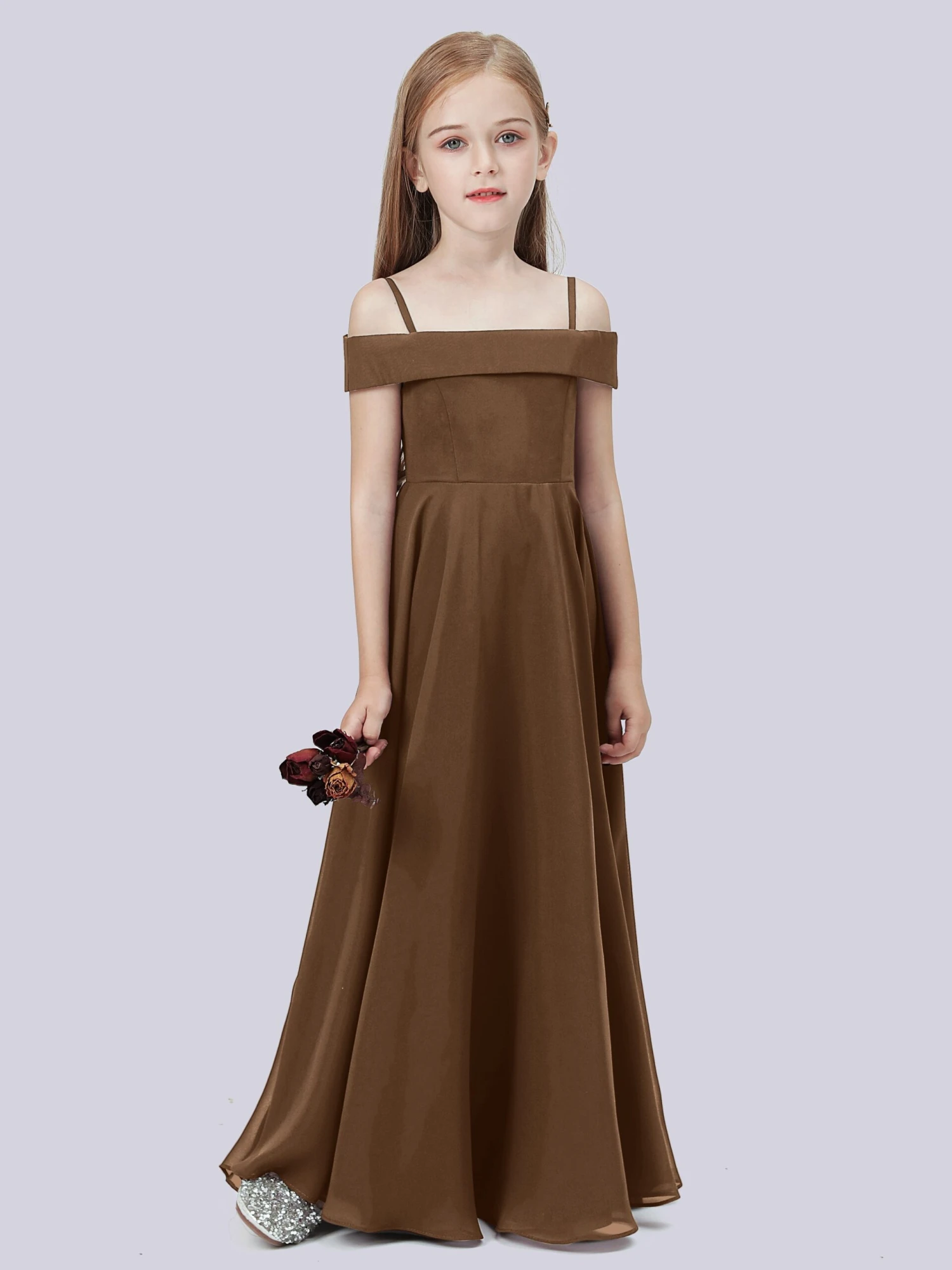 Off Shoulder Stretch Chiffon Junior Bridesmaid Dress - Image 18