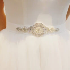 Pearl Floral Wedding Sash Belt With Rhinestones